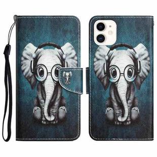 For iPhone 12 mini Colored Drawing Leather Phone Case (Earphone Elephant)