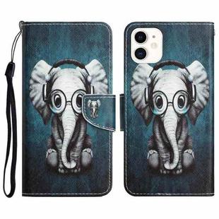 For iPhone 11 Colored Drawing Leather Phone Case (Earphone Elephant)
