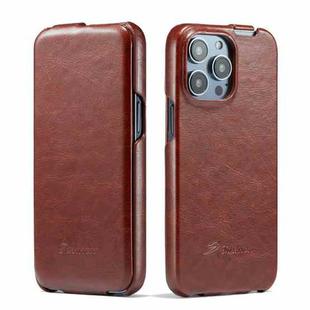 For iPhone 14 Pro Fierre Shann Oil Wax Texture Vertical Flip PU Phone Case(Brown)