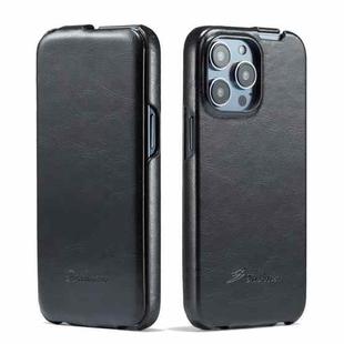 For iPhone 14 Pro Fierre Shann Oil Wax Texture Vertical Flip PU Phone Case(Black)