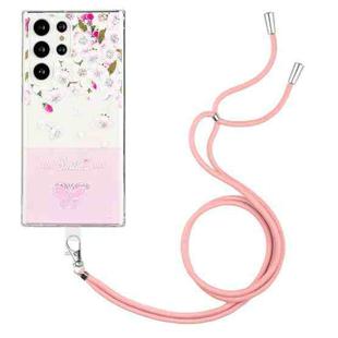 For Samsung Galaxy S22 Ultra 5G Bronzing Butterfly Flower TPU Phone Case with Lanyard(Peach Blossoms)