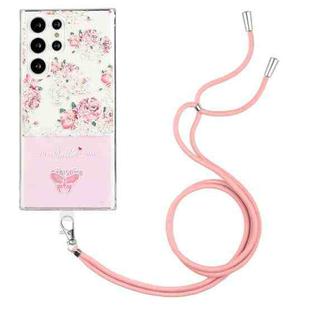 For Samsung Galaxy S22 Ultra 5G Bronzing Butterfly Flower TPU Phone Case with Lanyard(Peony)