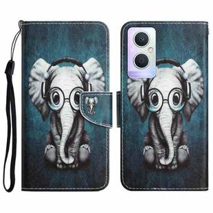 For OPPO A96 5G Colored Drawing Leather Phone Case(Earphone Elephant)