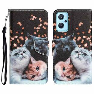 For Realme 9i / OPPO A96 4G Colored Drawing Leather Phone Case(3 Cats)