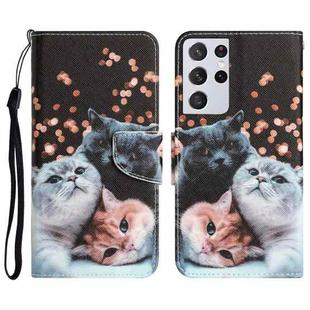 For Samsung Galaxy S21 Ultra 5G Colored Drawing Leather Phone Case(3 Cats)