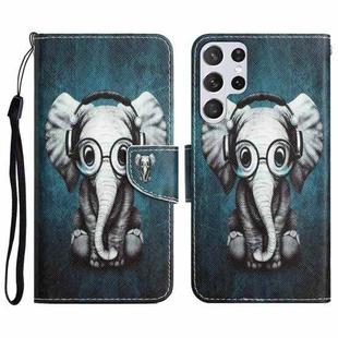 For Samsung Galaxy S22 Ultra 5G Colored Drawing Leather Phone Case(Earphone Elephant)