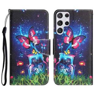 For Samsung Galaxy S22 Ultra 5G Colored Drawing Leather Phone Case(Bottle Butterfly)
