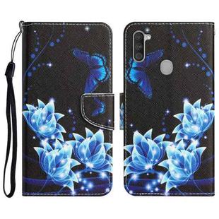 For Samsung Galaxy A11 Colored Drawing Leather Phone Case(Blue Butterfly)