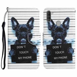 For Samsung Galaxy A11 Colored Drawing Leather Phone Case(Black Dog)