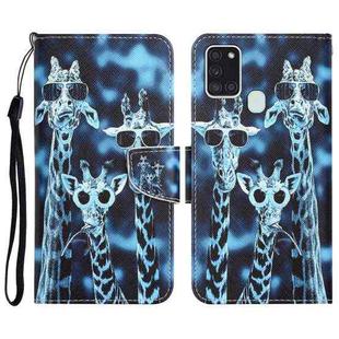 For Samsung Galaxy A21s Colored Drawing Leather Phone Case(Giraffes)