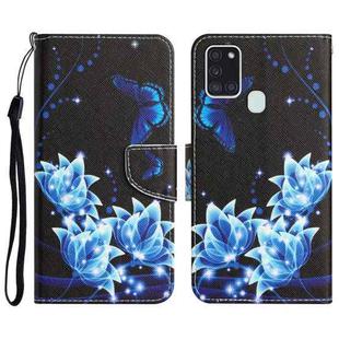 For Samsung Galaxy A21s Colored Drawing Leather Phone Case(Blue Butterfly)