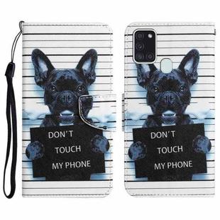 For Samsung Galaxy A21s Colored Drawing Leather Phone Case(Black Dog)
