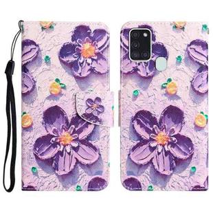 For Samsung Galaxy A21s Colored Drawing Leather Phone Case(Purple Flower)