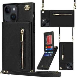 For iPhone 14 Cross-body Zipper Square Phone Case with Holder (Black)