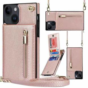 For iPhone 14 Plus Cross-body Zipper Square Phone Case with Holder (Rose Gold)