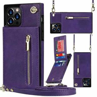 For iPhone 14 Pro Cross-body Zipper Square Phone Case with Holder(Purple)