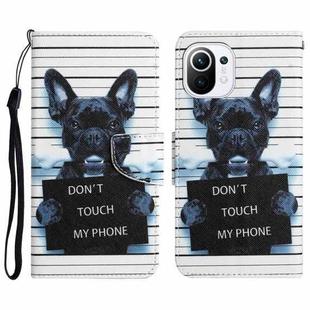 For Xiaomi Mi 11 Lite Colored Drawing Leather Phone Case(Black Dog)