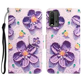 For Xiaomi Redmi 9T Colored Drawing Leather Phone Case(Purple Flower)
