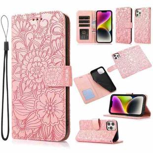 For iPhone 13 Pro Skin Feel Embossed Sunflower Horizontal Leather Case (Rose Gold)