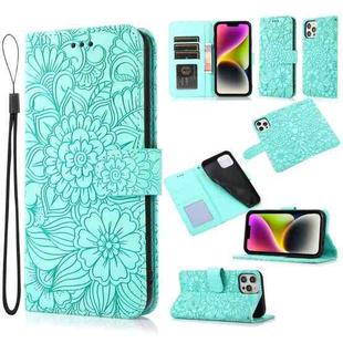 For iPhone 13 Pro Max Skin Feel Embossed Sunflower Horizontal Leather Case (Green)
