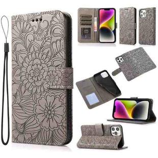 For iPhone 13 Pro Max Skin Feel Embossed Sunflower Horizontal Leather Case (Gray)
