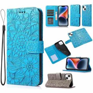 For iPhone 14 Skin Feel Embossed Sunflower Horizontal Leather Case (Blue)