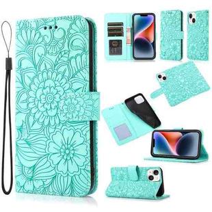 For iPhone 14 Skin Feel Embossed Sunflower Horizontal Leather Case (Green)