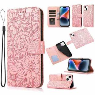For iPhone 14 Skin Feel Embossed Sunflower Horizontal Leather Case (Rose Gold)