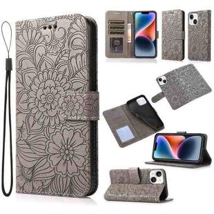 For iPhone 14 Skin Feel Embossed Sunflower Horizontal Leather Case (Gray)