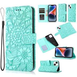 For iPhone 14 Plus Skin Feel Embossed Sunflower Horizontal Leather Case (Green)