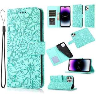 For iPhone 14 Pro Skin Feel Embossed Sunflower Horizontal Leather Case(Green)