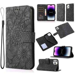 For iPhone 14 Pro Skin Feel Embossed Sunflower Horizontal Leather Case(Black)