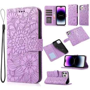 For iPhone 14 Pro Max Skin Feel Embossed Sunflower Horizontal Leather Case (Purple)