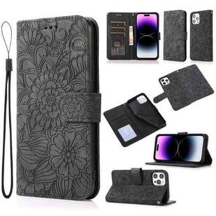 For iPhone 14 Pro Max Skin Feel Embossed Sunflower Horizontal Leather Case (Black)