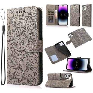 For iPhone 14 Pro Max Skin Feel Embossed Sunflower Horizontal Leather Case (Gray)