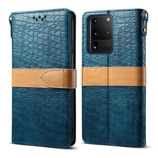 For Galaxy S20 Ultra Splicing Color Crocodile Texture PU Horizontal Flip Leather Case with Wallet & Holder & Card Slots & Lanyard(Blue)