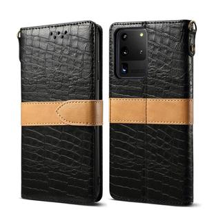 For Galaxy S20 Ultra Splicing Color Crocodile Texture PU Horizontal Flip Leather Case with Wallet & Holder & Card Slots & Lanyard(Black)