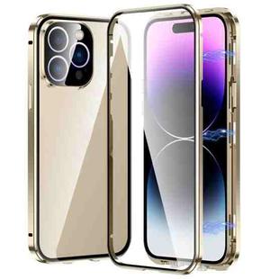 For iPhone 14 Pro Max Magnetic Double-buckle HD Tempered Glass Phone Case (Gold)