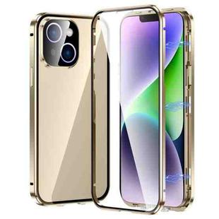 For iPhone 14 Magnetic Double-buckle HD Tempered Glass Phone Case (Gold)