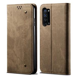 For OPPO Reno 3 5G / Reno 3 Youth Denim Texture Casual Style Horizontal Flip Leather Case with Holder & Card Slots & Wallet(Khaki)