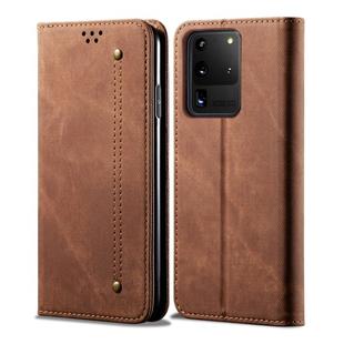 For Galaxy S20 Ultra Denim Texture Casual Style Horizontal Flip Leather Case with Holder & Card Slots & Wallet(Brown)