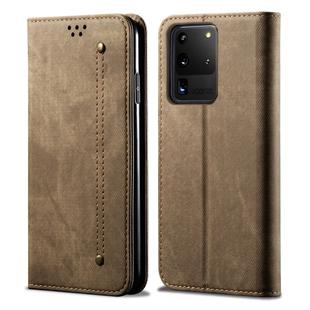 For Galaxy S20 Ultra Denim Texture Casual Style Horizontal Flip Leather Case with Holder & Card Slots & Wallet(Khaki)