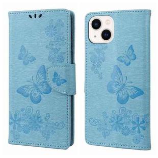 For iPhone 14 Plus Butterfly Embossed Horizontal Flip Leather Phone Case (Blue)