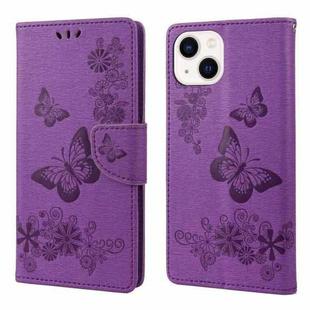 For iPhone 14 Plus Butterfly Embossed Horizontal Flip Leather Phone Case (Purple)