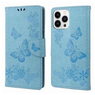 For iPhone 14 Pro Butterfly Embossed Horizontal Flip Leather Phone Case(Blue)