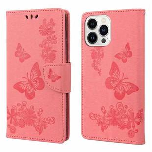 For iPhone 14 Pro Butterfly Embossed Horizontal Flip Leather Phone Case(Pink)