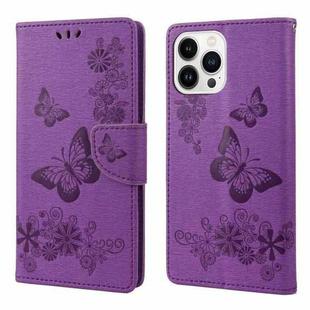 For iPhone 14 Pro Butterfly Embossed Horizontal Flip Leather Phone Case(Purple)