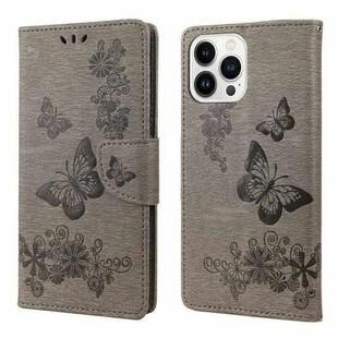 For iPhone 14 Pro Max Butterfly Embossed Horizontal Flip Leather Phone Case (Grey)