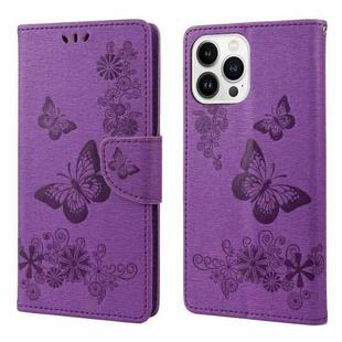 For iPhone 14 Pro Max Butterfly Embossed Horizontal Flip Leather Phone Case (Purple)