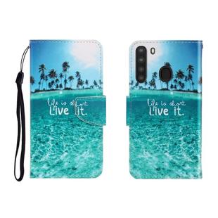 For Galaxy A21 Colored Drawing Horizontal Flip Leather Case with Holder & Card Slot & Wallet(Coconut Tree)